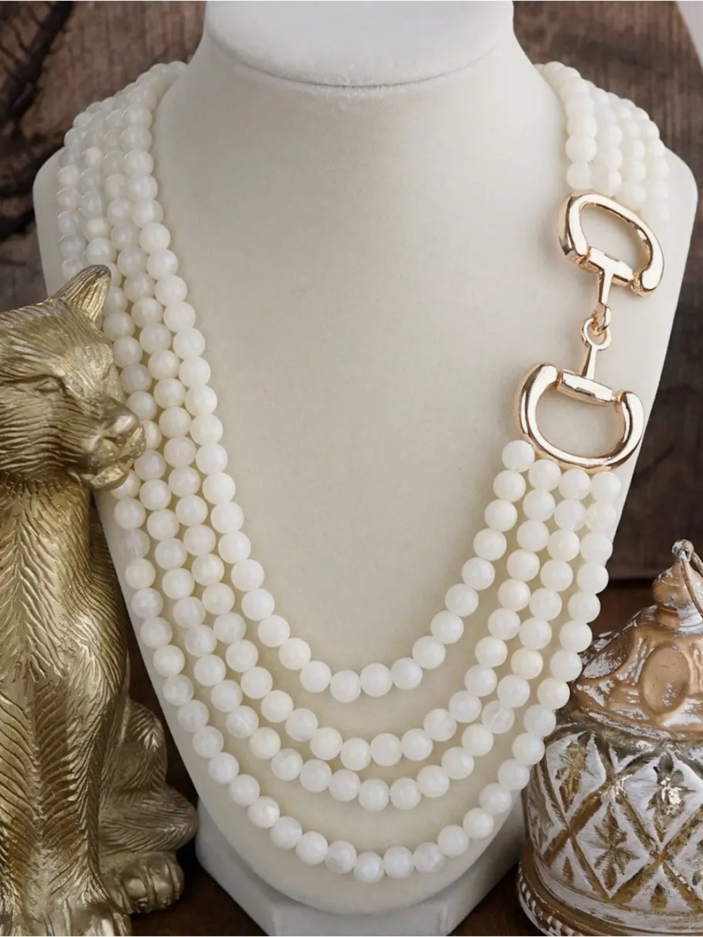 Multi-Strand White Bead Necklace with Gold Clasp